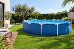 Piscina desmontable instalada sobre césped artificial en un jardín