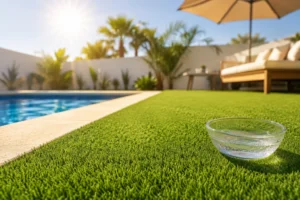 Césped artificial expuesto al sol en verano junto a una piscina