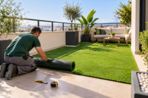 Instalación de césped artificial sobre baldosas en una terraza