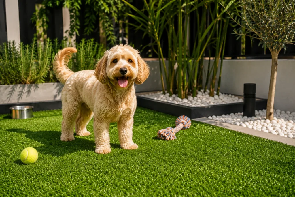 perro jugando en jardin de césped artificial