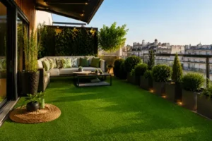 una terraza urbana decorada con césped artificial