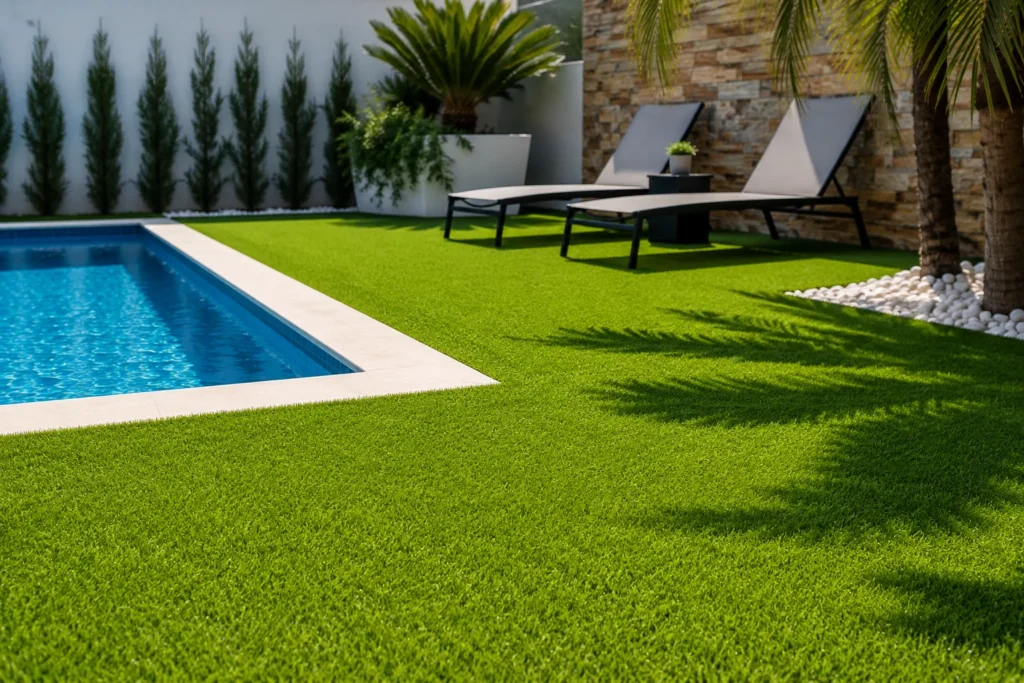 parte de una piscina en jardin de césped artificial
