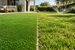 omparativa entre césped artificial y césped natural en un jardín